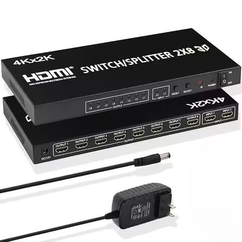 4K HDMI Switcher 2 in 8 out HDMI Switch Splitter 2x8 Video Distributor for Laptop PC to Multi Screen