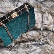 Tas Charles &amp; Keith CK Velvet Embossed Emerald Clutch Bag (Preloved)