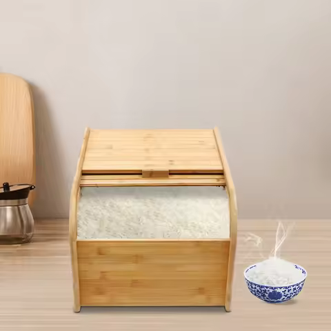 15kg Bamboo Rice Container Large Capacity Grain Storage Box Airtight Dry Food Bin with Rice Cup Free