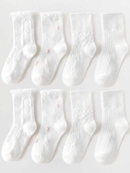 8雙/包女童白色花織圖案學生襪,透氣網眼襪適合搭配運動鞋或白色鞋子日常穿著