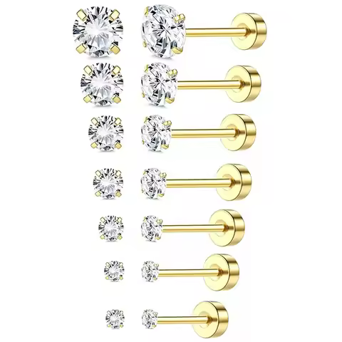 1 or 6pcs 18K Gold Plated Surgical Stainless Steel Earrings for Women Men Girls 3-8mm 5A Cubic Zirco