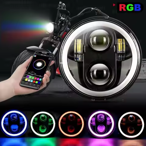 5.75 inch Motorcycle Round LED Headlights RGB Ring Driving Light with APP Control 40W Fog Lights for