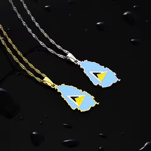 Fashion Saint Lucia Island Map Flag Pendant Necklace Stainless Steel for Men Women St. Lucia Jewelry