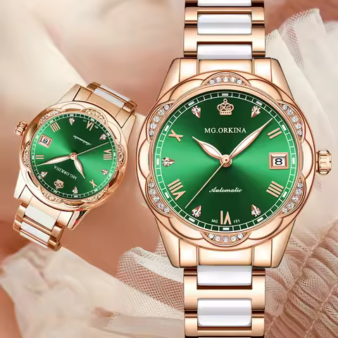 ORKINA Women Automatic Watch Luxury Brand Sunbeam Dial Auto Date Ceramic Steel Band Lady Business Dr