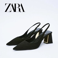 Zara Women's Shoes Thick High Heel Pointed Toe Black Temperament Mules