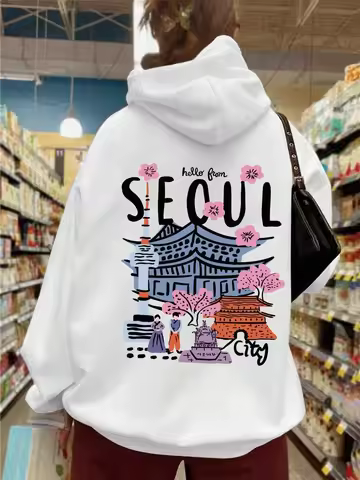 Seoul Beautiful Scenery Printing Womens Hooded Warm Fleece Comfortable Hoodies Simple Soft Hoodie St