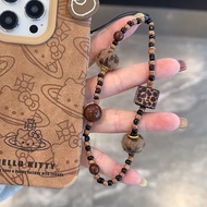 Leopard Print Square Pom-Pom Loket Tali Telefon Rantai Manik Bulat Coklat Kamera Rantai Telefon Buat