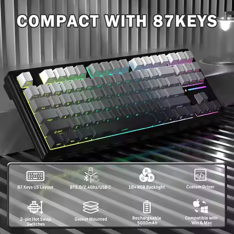 ATTACK SHARK M87 75% Wireless Gaming Keyboard, BT5/2.4G/Wired,RGB Backlit,Hot-swap Linear Switch,PBT