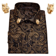 Gold Paisley Silk Men Shirts Long Sleeve Casual Flower Shirts For Men Dress Shirts