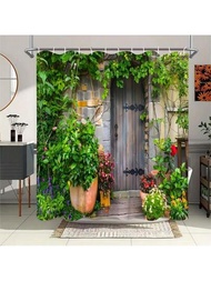 1入組淋浴簾,帶有綠色花園、常春藤、老木門、自然花朵、城市風景設計,現代時尚風格,防水浴室牆面裝飾帶掛勾,適用於窗戶或浴缸