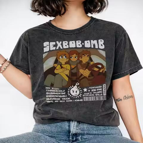 Harajuku Washed Shirt Sexs Bob-Omb Scotts Pilgrims Outfit Vintage T Shirt High Street Streetwear Cot
