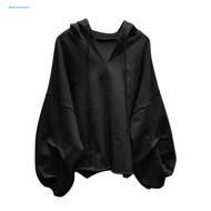 Solid Color Drawstring Pullover Hoodie Autumn Batwing Sleeve V-Neck Women Sweatshirt Streetwear
