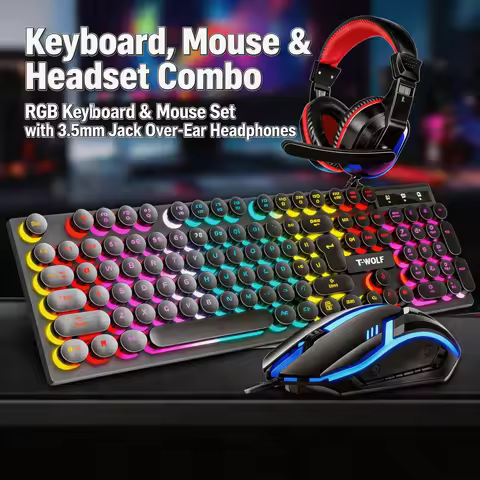 RGB Gaming Keyboard Mouse Headset Combo Wired USB 3.5mm LED Backlit Round Keycaps Gaming Set for PC 