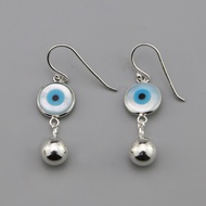 ต่างหูห้อยเงินแท้ 925 Evil Eye พร้อมลูกบอลมงคล (Sterling Silver Evil Eye & Ball Dangle Earrings)