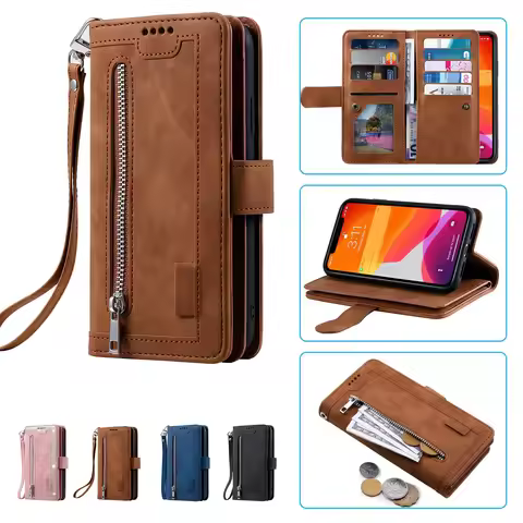 Multi 9-Card Zipper Wallet Case For Xiaomi Mi11T Mi11 Ultra Mi10T Mi10 Mi9T Mi9 Lite Retro Leather L