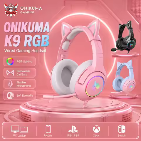 ONIKUMA K9 Wired Gaming Headset RGB LED Cat Ear Headphones Flexible HD Mic Stereo Over Ear 3.5mm for