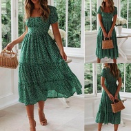 Limea Plus Size Dress For Women Formal Wedding Dress For Ninang Sale Fashion Women Sexy Little Daisy Print Puff Sleeve Square Neck Dress Polyester (Green)