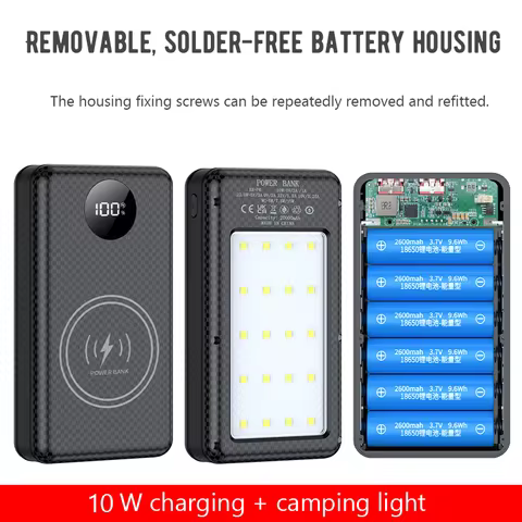 6*18650 Power Bank Battery Box Holder Dual USB Type C Charge Shell With Camping Lights for iPhone Hu