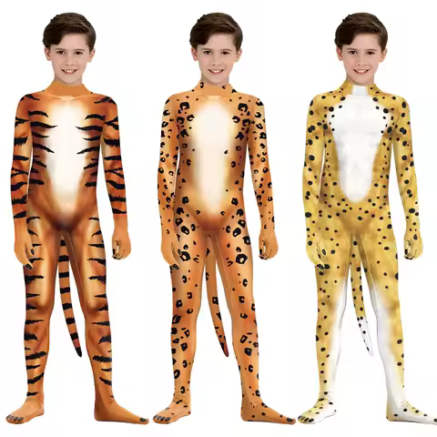 Cheetah Cosplay Costume Bodysuits Kid 3D Print Animal Leopard Tiger Jumpsuits Boys Girl Halloween Ca