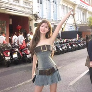 Korean IU Same American Style Sweet and Spicy Strapless Denim Dress for the 2024 New Casual Young Sh