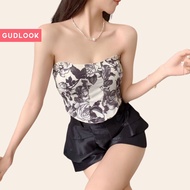 Áo Corset Nữ Quây Ngang GUDLOOK Kèm Dây Trong Áo Ống Bo Chun Sau Hoạ Tiết Vân Hoa Vintage