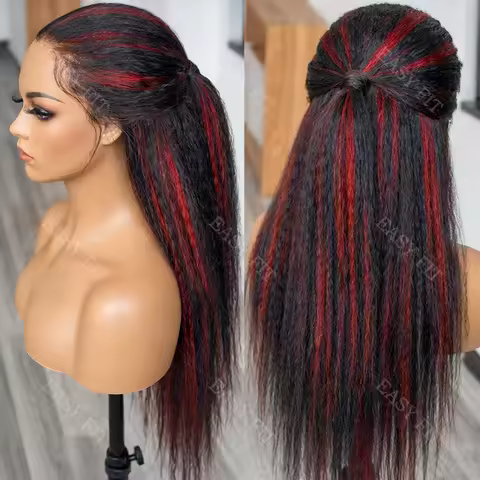 Upgraded 1B/99J Black With Red Kinky Straight 5x5 Glueless Closure Wig #4/350 Brown With Ginger Oran