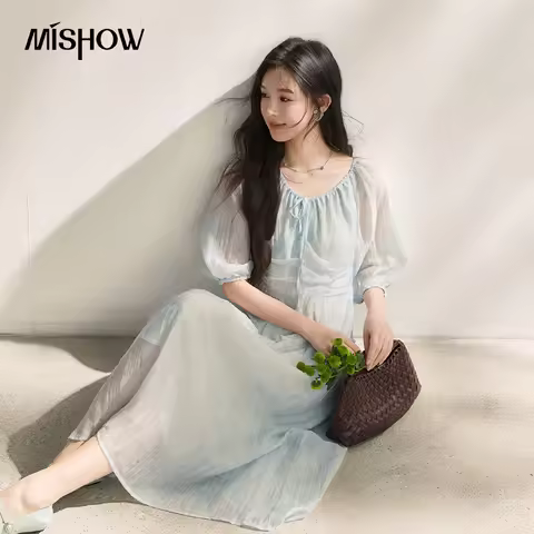 MISHOW Women's Three-quarter Sleeve Dress Summer 2026 Adjustable Edition Drawstring Bubble Sleeve Pr