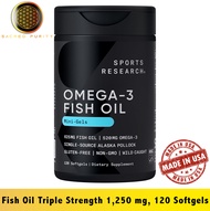 Sports Research Omega-3 Fish Oil Triple Strength 1250 mg น้ำมันปลา โอเมก้า 120 Softgels - [EXP 03/20
