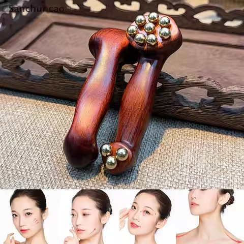 〔San〕Double Ended Facial Fascia Lifting Tool With 11 Brass Gold Bead Sandalwood Cheek Eyes Beauty Ma