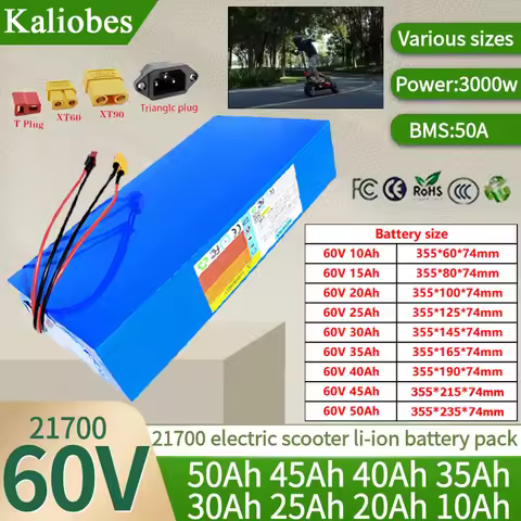 High Capacity 60V 50Ah 40Ah 30Ah 20Ah 10Ah 25Ah 35Ah 45Ah 21700 Li-ion Battery Pack 50A BMS 3500W El