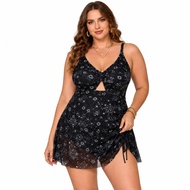 Women Plus Size Swim Dress Black Printed V Neck Twist Front Cutout Side Drawstring Skirted Swimsuit