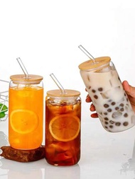 1入550毫升透明玻璃水杯，帶竹蓋和吸管，適用於家庭、餐廳、飲料店和珍珠奶茶店。
