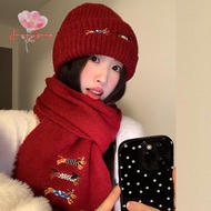 AmongSpring> Red Hat Scarf Women's Autumn And Winter Warm Knitted Hat Ankola Red Thick Wool Hat Scar