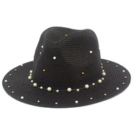 Straw Hat Women Men Fedora Hats With Pearl Women Vintage Trilby Caps Summer Fedora Jazz Hat Lady Flat Top Sunhat Cap Chapeau