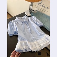 法式蓝色蕾丝下摆短袖衬衫气质女士上衣高级感轻奢减龄洋气设计感feijiyi801.sg26.5.22French-style Blue Lace Hem Short-sleeve Shirt, Ele