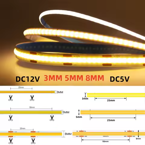 5V 12V 3MM 5MM 8MM FCOB LED Light Strips Bar 320LEEDs/M Dimmable Tape Adhesive Lamp RA90 Linear Ligh