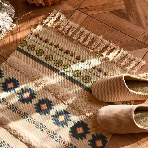 Rug Cotton and Linen Tassel Woven Floor Mat Bedside Floor Mats for Bedrooms Minimalist Modern Carpet