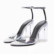 Zara's Summer Women's Shoes Silver French Style Crystal Thick Heel High Heel Sandals 1351110 808