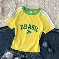 TEENGIRL Red Fitted Round Neck Contrast Trim T-Shirt For Street Dance, Racing Badge & Letter Graphic