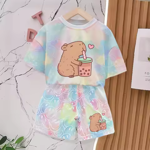 Capybara Summer Clothing Sets for Baby Girl Outfits Cute Print Tie-dye Smlie Tees Children's Short S