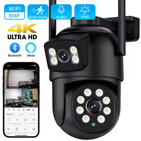 4K 8MP 4X Digital Zoom PTZ WIFI IP Camera with Dual Lens Dual Screen 4MP HD Auto Tracking CCTV Outdo