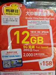 鴨聊佳 大中華數據年卡5G 12GB