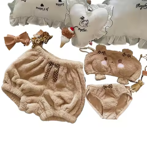 Kawaii Lolita Pajamas Nad Panty Set Women Cute Cartoon Bra Bow Underwear Pumpkin Panty Push Up Bras 