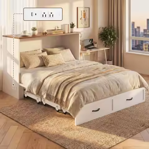 Queen Murphy Bed Frame with Charging Station, Freestanding Cabinet Murphy Bed with FoldDown Panel am