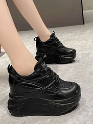 女性戶外黑色坡跟鞋運動鞋帶厚鞋底適用於跳舞