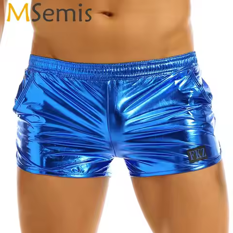 Mens Shiny Metallic Latex Boxer Shorts Low Rise Performance Rave Clubwear Costume Males Clothings Ru