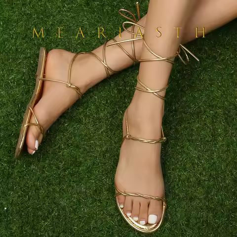 Fashion Gold Woman Gladiator Sandals Ladies Lace Up Cross Strap Thong Sandal Women Design Shoes Flat