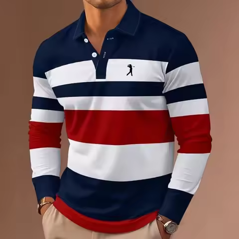 Men's striped rugby polo long-sleeved collar shirt casual school outdoor sports casual 3d printing s