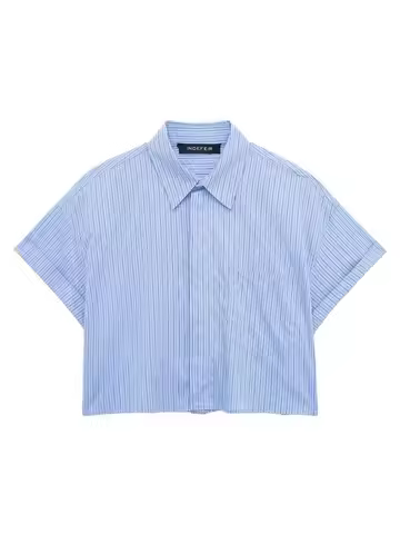 HH Fashion Women's Blue Striped Cropped Blouses Spring Summer 2024 Polo Collar Short Sleeve Shirt To