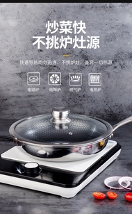 [SG Local Seller]Good Quality Φ28CM/Φ30CM 304 Stainless Steel Frying Pan With Glass Lid With Handle Composite 5 Layers Steel Oil-free pan Non-stick Full Honeycomb wok Kitchen Cookware Pan Pot